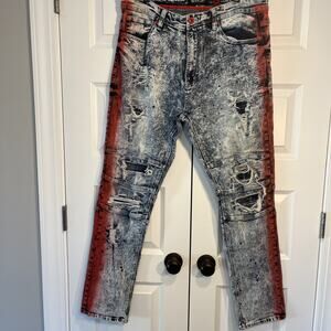 Makobi Jeans Mens 40 X 32 Paint Stroke Shredded Distressed Biker Slim Fit